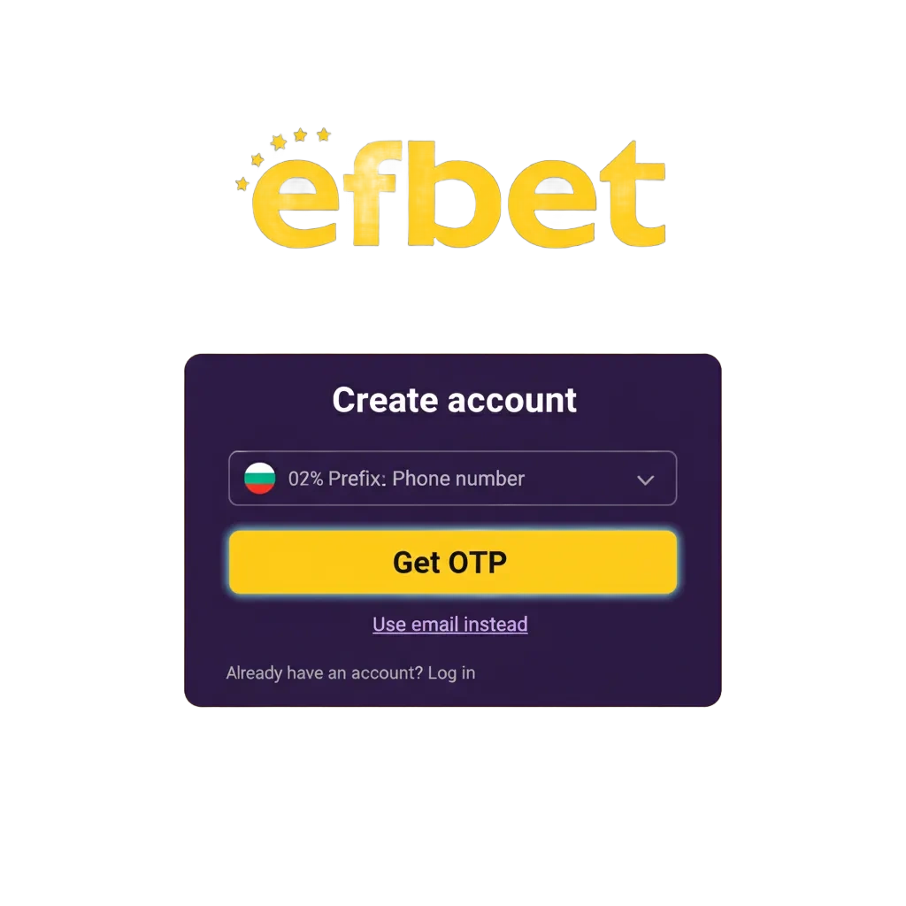 Схема: Регистрация, вход и верификация в Efbet през сайт и приложение; достъп до залози, казино, бонус и поддръжка.